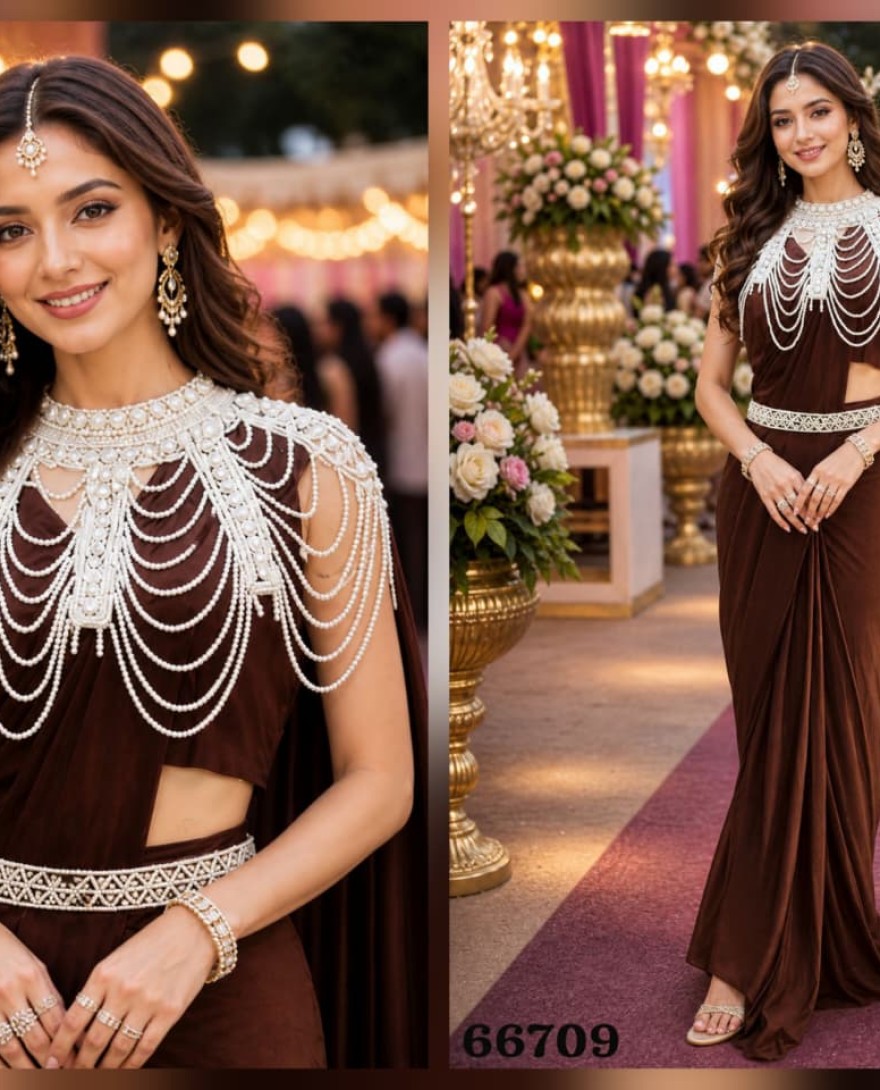 BROWN - Chocolate Brown Designer Ready to Wear Saree Pearl Embellished Cape Blouse
